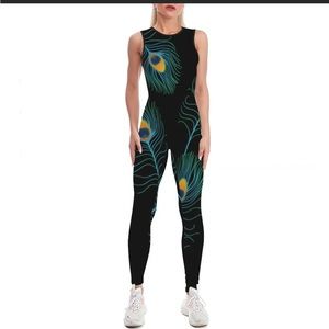 Peacock Feather Black One Piece Jumpsuits Long Pant Yoga Rompers, Women, Small